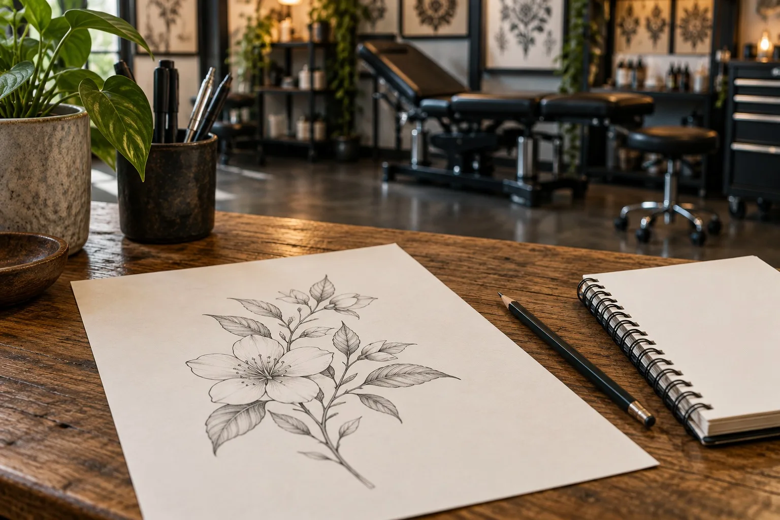 Botanische Linienzeichnung neben einem Bleistift und einem Notizbuch auf einem Beratungstisch.